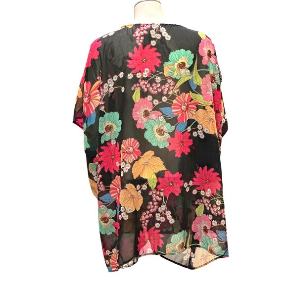 CCC Floral Sheer Black Print Tunic Cover Up V Neck Dolman Sleeves Resort Wear - Picture 3 of 7